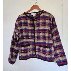 VTG‎ Cardigan Sweater Womens S Mohair Wool Striped Grandma Teacher School Boxy